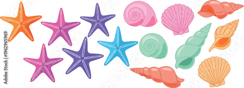 Colorful Starfish and Seashell Collection Featuring Vibrant Ocean Elements in a Fun, Playful Style