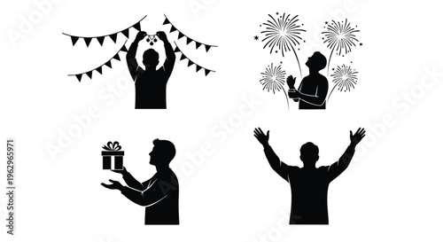 Black silhouette vector graphic collection illustrating different joyful celebration moments and activities