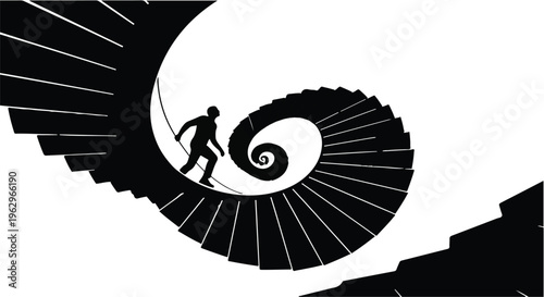 Silhouette of a person ascending a spiraling staircase towards an unknown destination against a stark white background.
