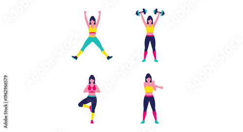 Collection of diverse female vector characters engaged in various fitness and workout activities illustration