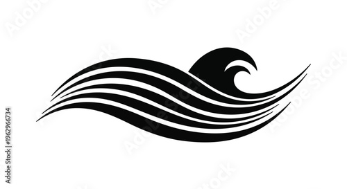 This elegant black and white abstract illustration features a stylized wave with graceful flowing lines culminating in a distinct crest, symbolizing motion and natural fluidity.