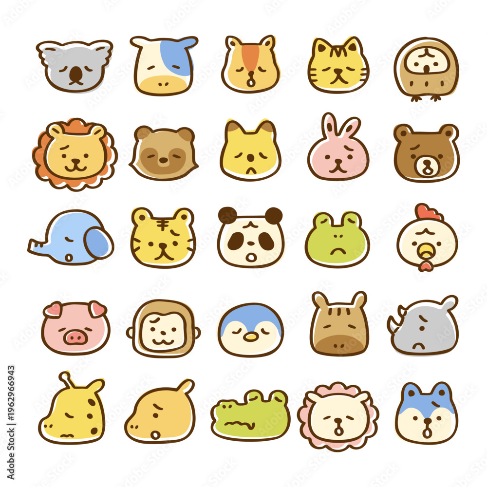 Obraz premium かわいい動物の顔アイコンセット 表情悲しい、困った