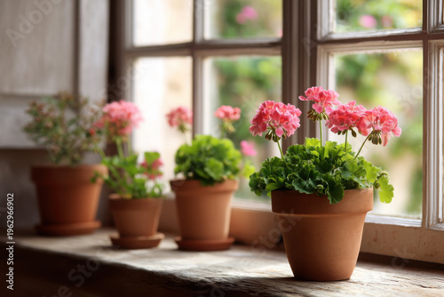Blooming flowers in pots by the window lush green plants soft natural light tranquil home environment