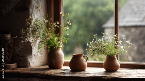 Charming flower pots adorning a window natural light rustic setting botanical beauty