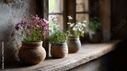 Window view of flower pots with colorful plants cozy interior nature photography rustic charm