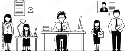 Diverse group of office professionals engaged in various tasks and customer service roles