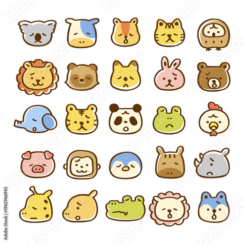 かわいい動物の顔アイコンセット　表情悲しい、困った