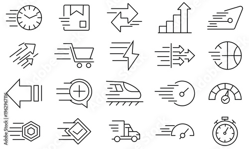Speed icon set. Speed and fast action symbol. Speed and fast action symbol. Containing fast, slow, movement, productivity, indicator.  Vector illustration.