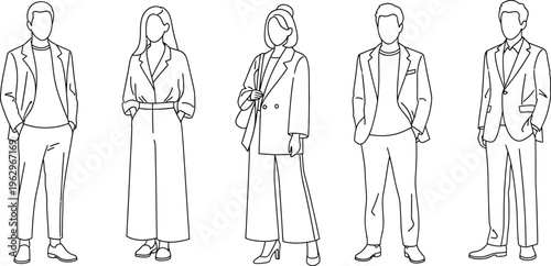 Minimalist Vector Outline of Diverse Standing Men and Women in Contemporary Fashion Styles