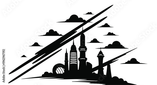 Black silhouette of a modern city skyline, featuring various tall buildings and clouds, framed by dynamic diagonal lines against a stark white background.