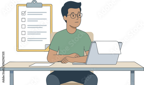 Man works on laptop at office desk with clipboard nearby