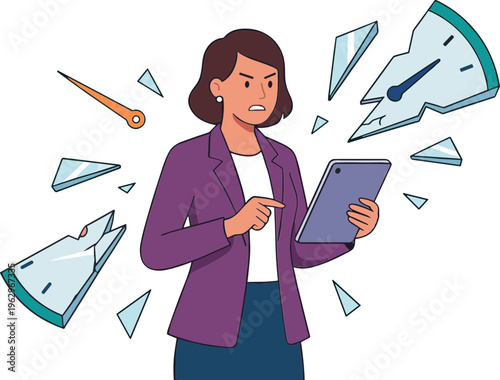 Woman holds tablet while fragments of clock and paper fly around her