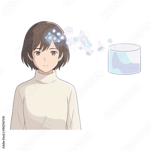 A young woman with a futuristic brain device on her forehead stands next to a cold glass of water.