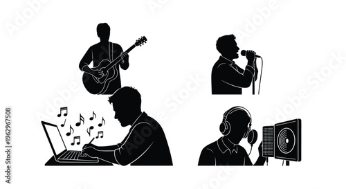 Creative vector graphic illustration featuring musicians and audio producers actively engaged in music production and performance.