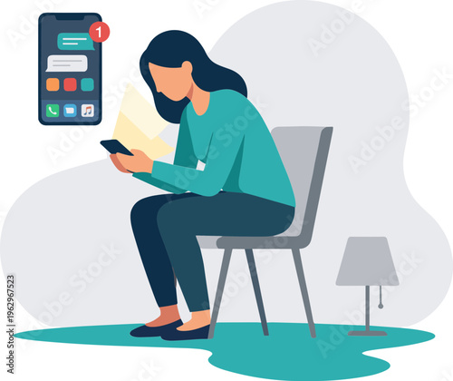 Woman sits on chair reading book while checking phone at home indoors