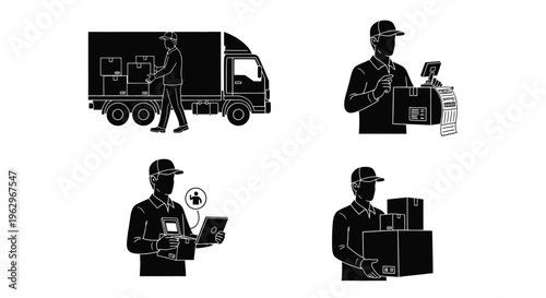 Set of vector illustrations showing various stages of the package delivery process by a courier.
