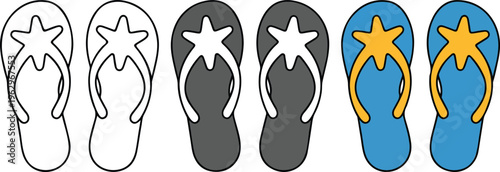 Summer beach flip flops sandals vector icon set featuring minimalist line art black silhouette and colorful blue versions.