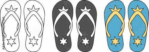 Summer beach flip flops sandals vector icon set featuring minimalist line art black silhouette and colorful blue versions.