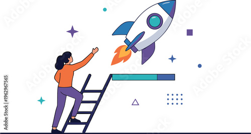 Person climbing ladder launching rocket into space with geometric shapes around
