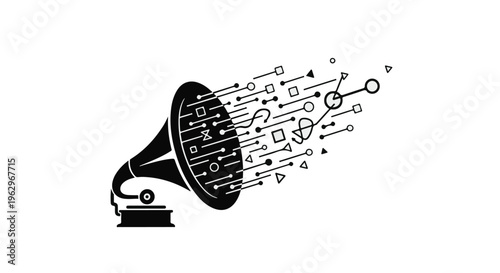 Gramophone illustration with abstract digital elements emanating from its horn, symbolizing the transmission of information, sound, or data in a modern context on a white background.