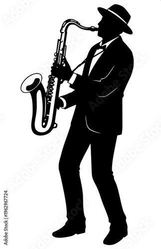 Black silhouette of a saxophone player, side profile, wearing a hat, clean white background, minimal vector style, smooth edges, high contrast, professional icon design