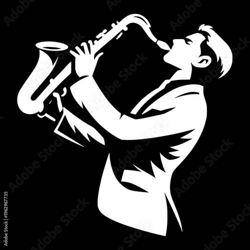 Black silhouette of a saxophone player, side profile, wearing a hat, clean white background, minimal vector style, smooth edges, high contrast, professional icon design