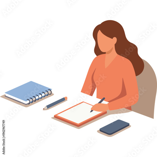 A woman sits at a desk writing in a notebook with a pencil and phone nearby.