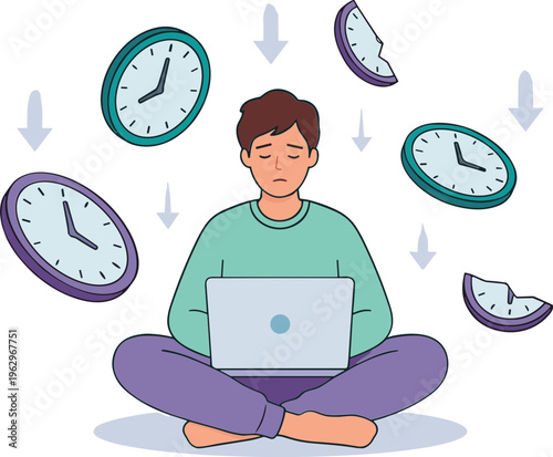A person sits cross-legged with a laptop as multiple clocks fall around him.