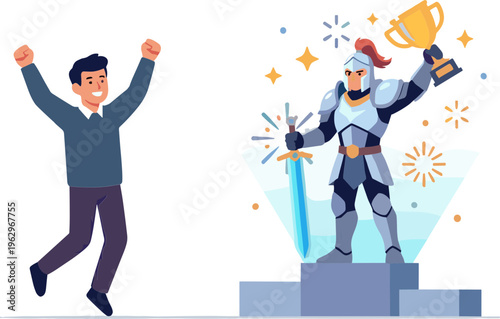 A man celebrates as a knight stands on a podium with a trophy and sword.