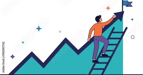 A man climbs a ladder on a rising graph with a flag.