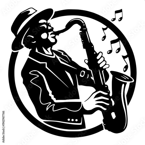 Black silhouette of a saxophone player, side profile, wearing a hat, clean white background, minimal vector style, smooth edges, high contrast, professional icon design