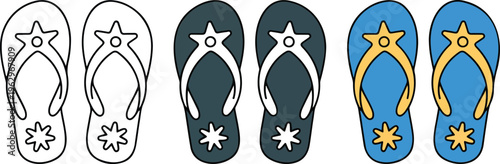Summer beach flip flops sandals vector icon set featuring minimalist line art black silhouette and colorful blue versions.