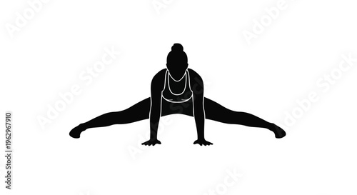 Person performing a wide-legged squat or yoga pose, depicted as a black silhouette against a clean white background, demonstrating flexibility and strength in a fitness context.