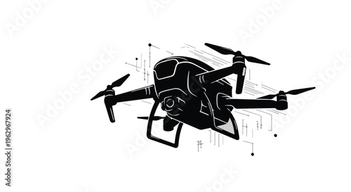 Drone illustration showcasing a detailed unmanned aerial vehicle with abstract technological lines suggesting data transmission and advanced capabilities, isolated on a stark white background.