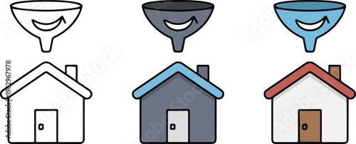 -Real estate marketing sales funnel and house icon set featuring minimalist line art black and colorful vector illustrations.