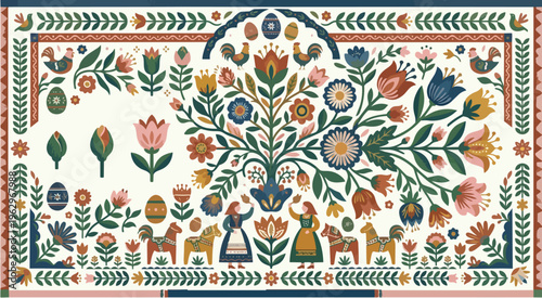 Traditional Folk Art Illustration with Floral Tree of Life, Easter Eggs, Dala Horses, and Figures in Ethnic Costumes. Scandi-inspired Ornamental Greeting Card Background.