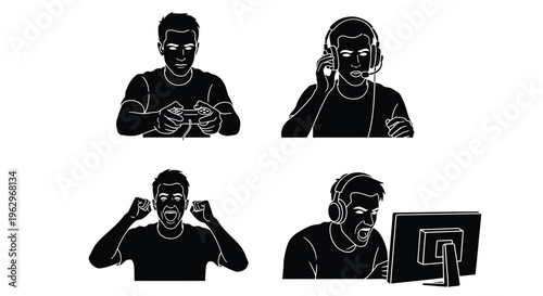 Vector illustration graphic of a young male gamer engaging in various intense online gaming activities.