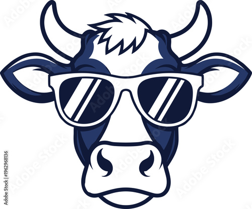 Cool Cow Head Vector Illustration Wearing Sunglasses Featuring Stylized Dairy Bull Mascot Design for Modern Farm Branding and Apparel Graphics