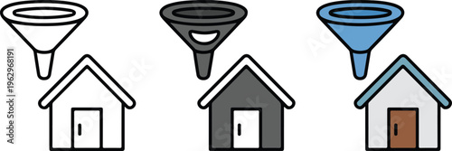-Real estate marketing sales funnel and house icon set featuring minimalist line art black and colorful vector illustrations.