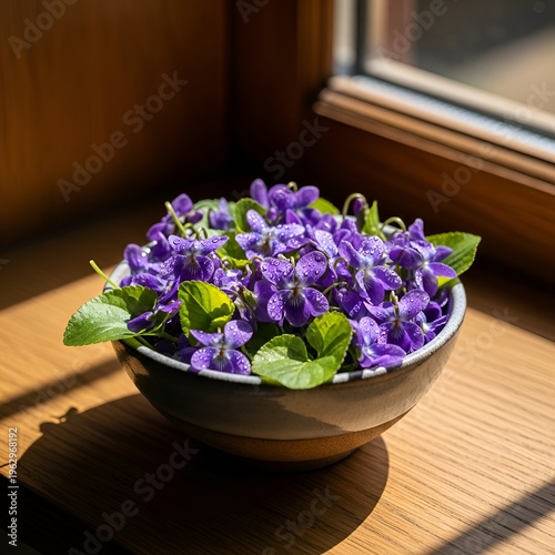 A bowl of fresh wild violets with water droplets by a sunlit window creating a serene spring mood.