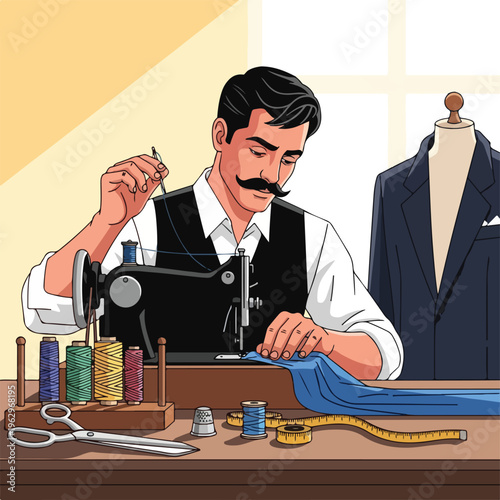 A tailor sews fabric on a vintage sewing machine, a suit nearby