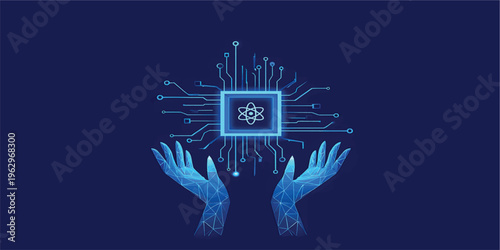 Abstract digital AI chip between human tech wireframe palms. Artificial intelligence technology background. Protection of semiconductor or microchip. Low poly wireframe vector illustration. Tech bg.