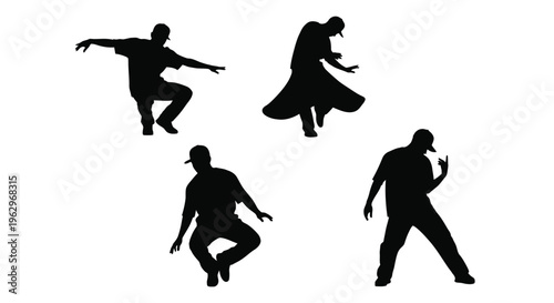 Dynamic vector graphic illustration of male hip-hop dancers performing various energetic street dance moves.