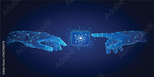 Abstract digital AI chip between human tech wireframe palms. Artificial intelligence technology background. Protection of semiconductor or microchip. Low poly wireframe vector illustration. Tech bg.