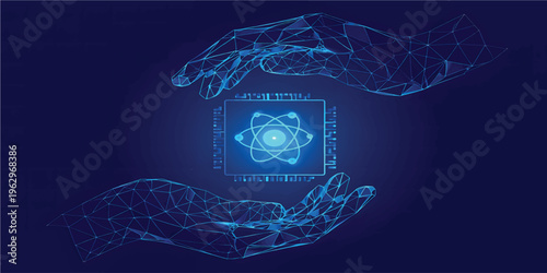 Abstract digital AI chip between human tech wireframe palms. Artificial intelligence technology background. Protection of semiconductor or microchip. Low poly wireframe vector illustration. Tech bg.