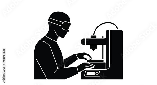 Engineer in safety goggles precisely operates a modern 3D printer, demonstrating advanced additive manufacturing technology and innovation.