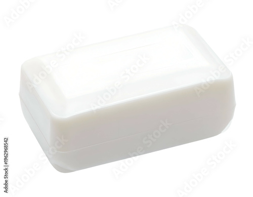 Rectangular white soap bar with curved edges in a clear case