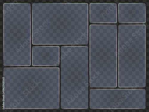 Collection of gray rectangle frames on transparent background for photo or text placement in various sizes and orientations