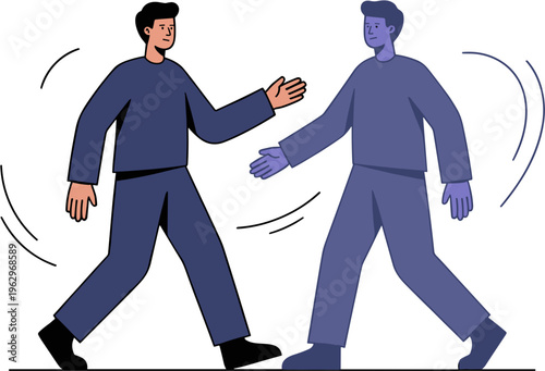 Two men walk and interact in a friendly gesture on a city street