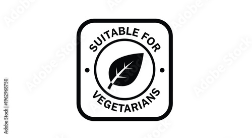 Black and white graphic displaying a suitable for vegetarians emblem with a leaf